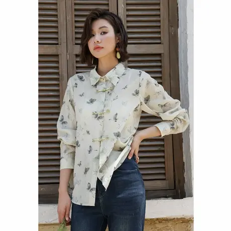 弥古新中式国风衬衫女高级感雪纺碎花上衣2025春季衬衣外搭开衫图片