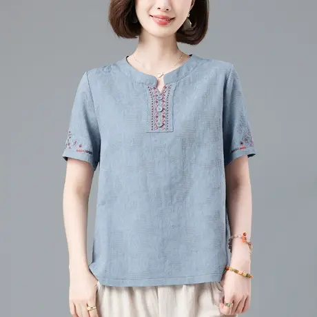 短袖t恤女夏季新款加肥加大码女装宽松中年妈妈文艺休闲纯棉体恤图片