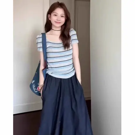 条纹冰丝针织衫正肩短袖t恤女夏季韩系设计感小众短款辣妹上衣服图片