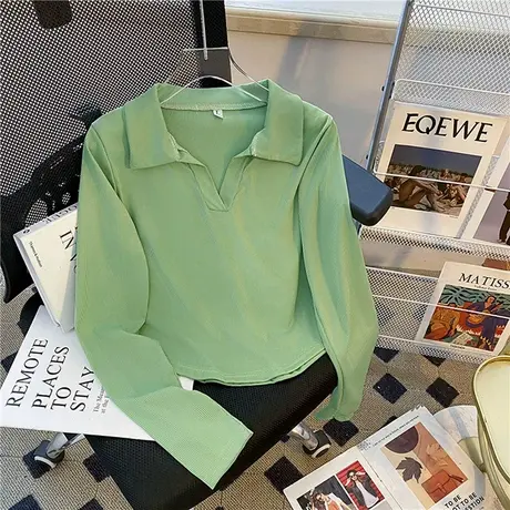 秋冬正肩Polo领T恤女美式复古纯欲甜辣短款V领上衣内搭长袖打底衫商品大图