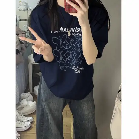 美式潮牌纯棉短袖大版t恤女2025新款爆款设计感小众宽松高街体恤图片