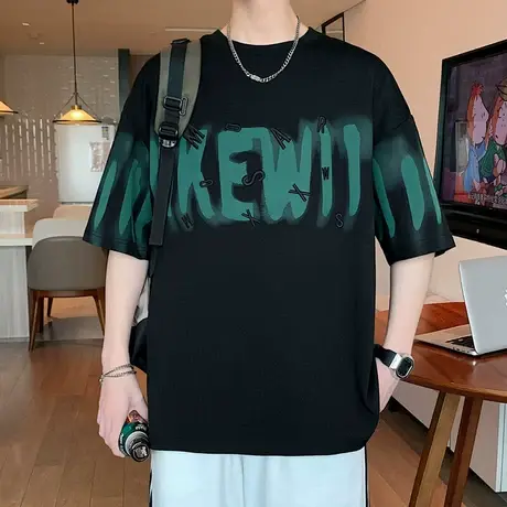 短袖t恤男士夏季涂鸦字母街头休闲帅气百搭个性初中高中学生上衣图片