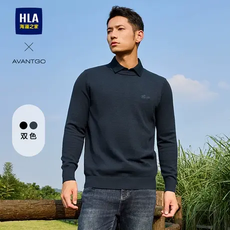 HLA/海澜之家轻商务双领针织衫秋冬款刺绣保暖假两件黑色毛衣男士商品大图