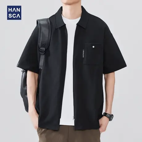 hansca260g双纱纯棉短袖polo衫男2025新款夏季宽松开衫翻领衬衫男图片