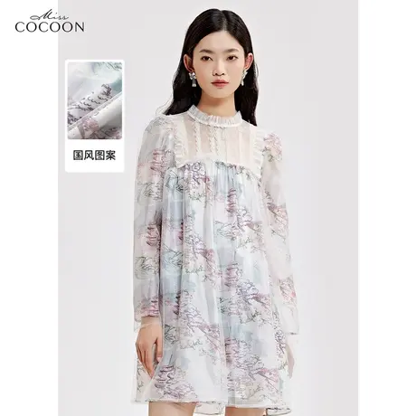 miss COCOON国潮印花泡泡袖连衣裙女2023新款夏季宽松a字网纱裙子商品大图