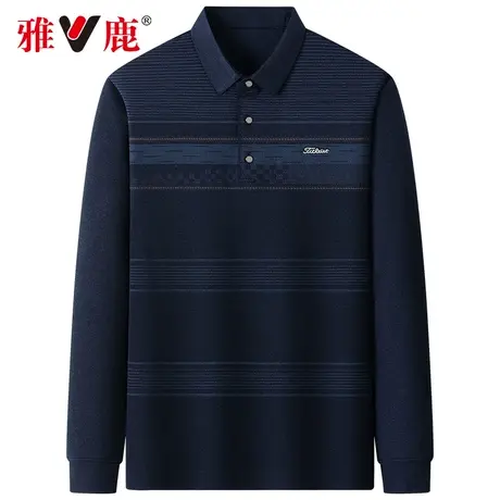 【简约条纹】雅鹿中老年男士长袖POLO衫春季新款宽松爸爸翻领t恤商品大图