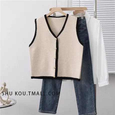 夹色边V领针织马甲女韩版洋气内搭马夹背心上衣潮商品大图