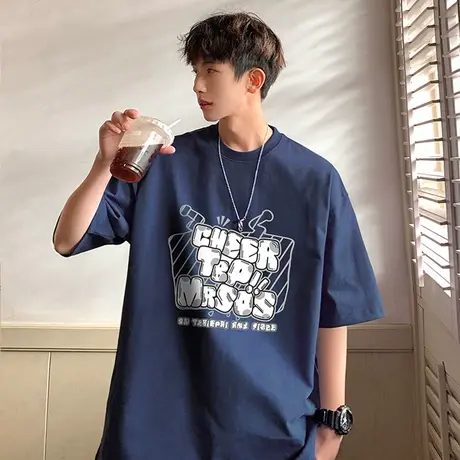 美式短袖t恤男夏季2025新款复古半袖oversize宽松上衣男装体恤衫图片