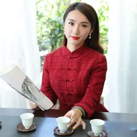 筠雅改良唐装女中国风小棉袄女款冬季过年红棉衣棉服中式盘扣上衣图片