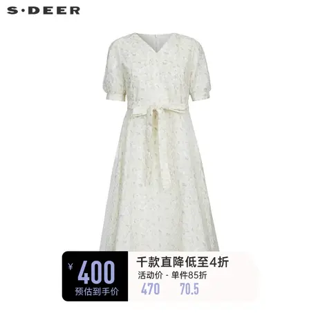 sdeer圣迪奥女装V领碎花收腰网纱短袖连衣裙S232Z12L9商品大图