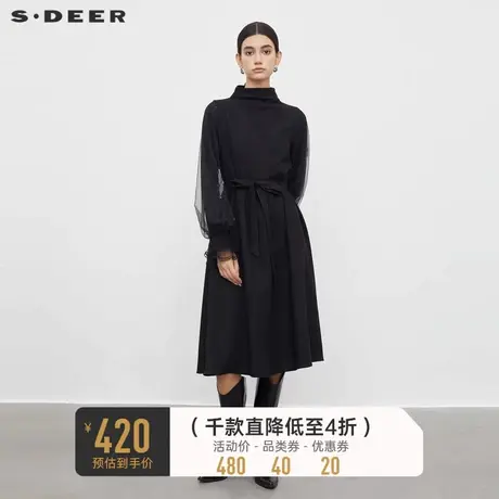 sdeer圣迪奥女装高领收腰网纱拼接花边连衣裙S233D1215商品大图