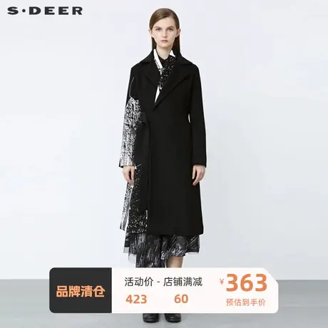 sdeer圣迪奥女装休闲翻领泼墨印花收腰毛呢大衣S21481813✊商品大图