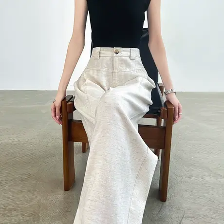 米白色天丝亚麻阔腿裤女夏季薄款高腰宽松休闲直筒莱赛尔西装裤子商品大图