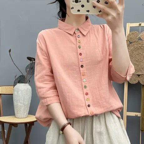 夏季韩版彩色纽扣双层棉纱中袖衬衫女宽松休闲七分袖上衣纯棉百搭商品大图