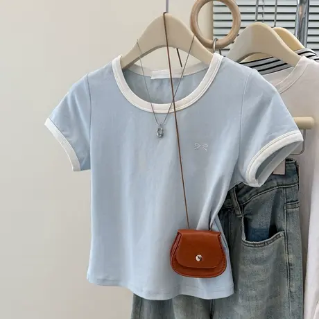 夏季2025新款短袖T恤女修身韩版内搭打底衫小个子短款正肩上衣潮图片