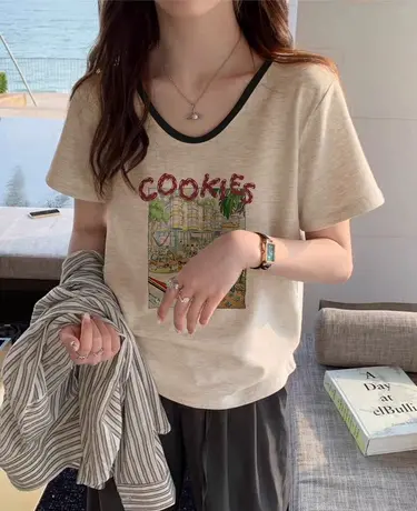 拼接V领短袖女韩版chic小个子穿搭大码T恤ins灰色印花减龄上衣夏商品大图