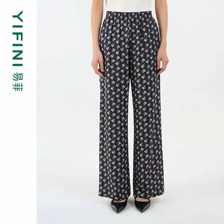 [专柜同款]Yifini/易菲松紧腰真丝混纺阔腿裤印花直筒裤休闲裤子图片