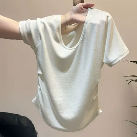 白色正肩V领短袖T恤女夏季2025新款修身内搭韩版打底衫短款上衣潮商品大图