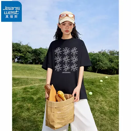 NR真维斯重磅纯棉短袖t恤女夏季新款印花小众别致百搭休闲上衣潮商品大图