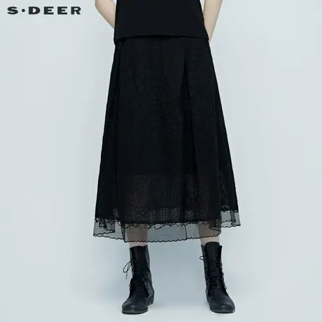 sdeer圣迪奥夏季女肌理蕾丝垂坠感拼接肌理半身裙长裙S20281108商品大图