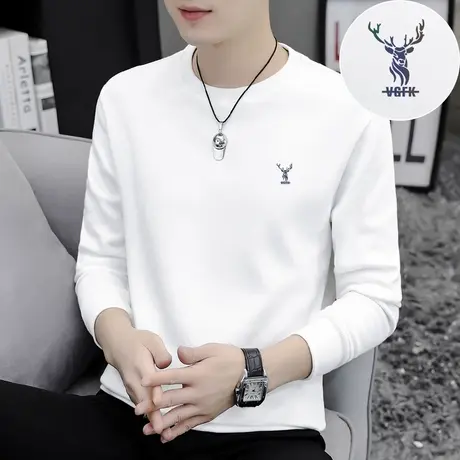 长袖t恤男纯棉打底衫秋冬季保暖加绒加厚内搭圆领全棉白色秋衣服商品大图