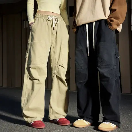 Nuthink阔腿工装休闲裤多口袋美式松紧抽绳伞兵长裤2025新款男女图片