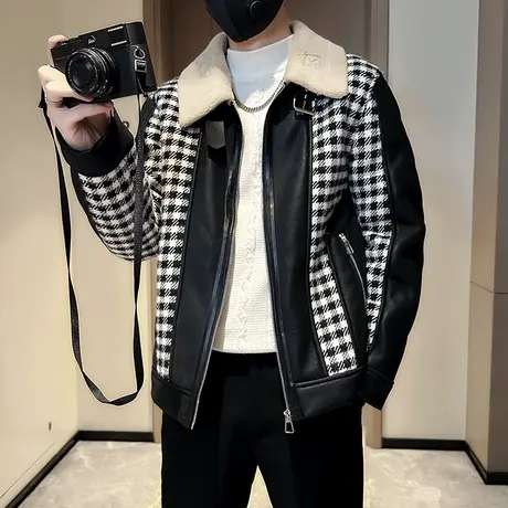 2023秋冬季撞色格子羊羔毛拼皮外套男加厚冬装机车保暖夹克棉衣商品大图