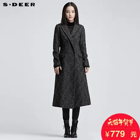 sdeer圣迪奥女2018冬装过膝长款复古印花双排扣毛呢大衣S16481896图片