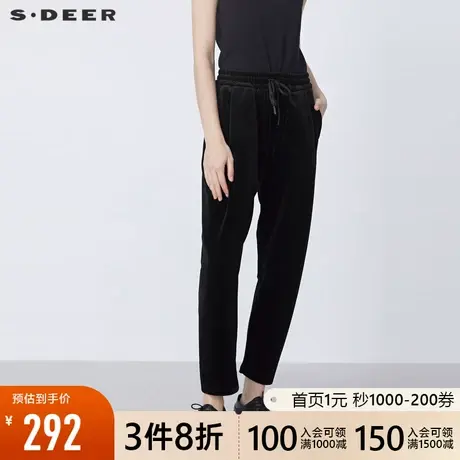 sdeer圣迪奥冬季抽绳松紧压褶灯芯绒黑色长裤女S21480813图片