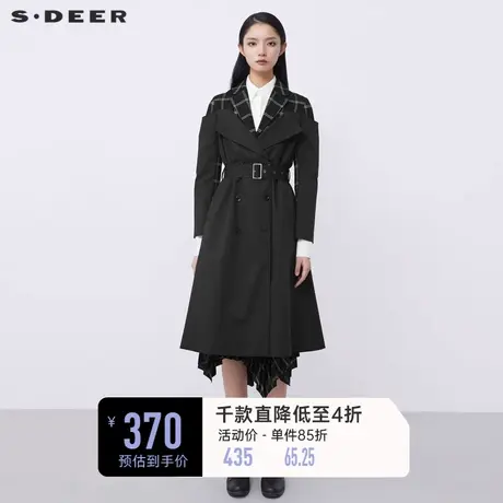 sdeer圣迪奥春装休闲西装领格纹拼接收腰风衣女S21381808图片