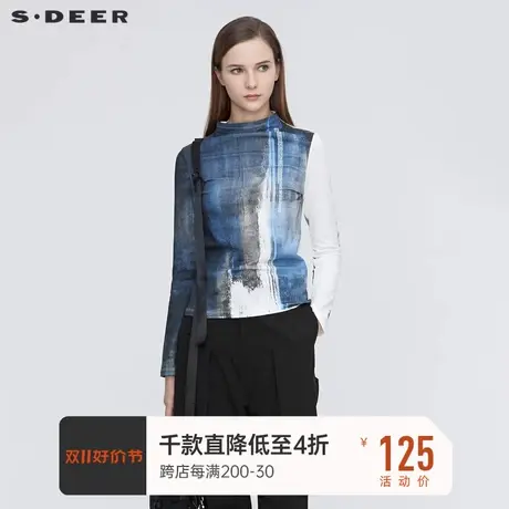 sdeer圣迪奥春秋装半高领晕染印花织带长袖T恤女S21180211图片