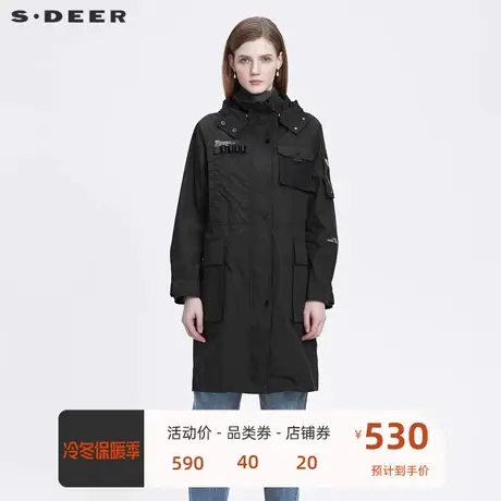 sdeer圣迪奥女装高领连帽抽绳字母褶皱长款风衣S22181811图片
