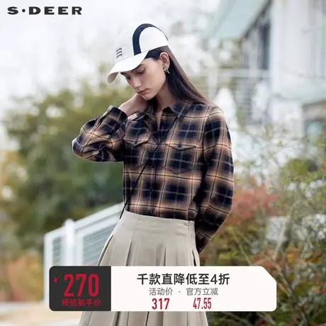 sdeer圣迪奥女装美拉德风复古翻领格纹怀旧衬衫S24160505图片