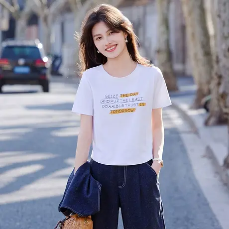 时尚简约百搭短袖T恤2025年夏季新款休闲百搭显瘦短款小个子上衣图片