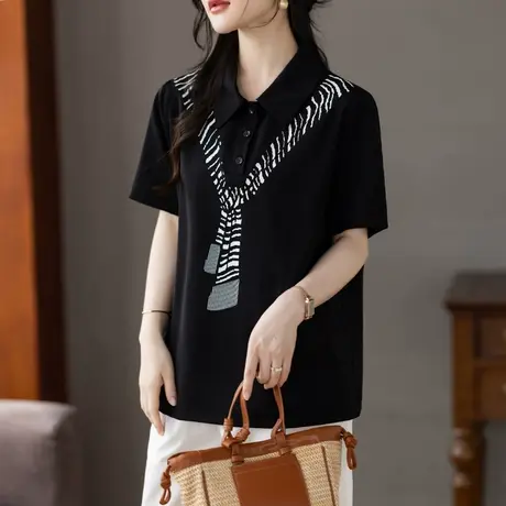 短袖t恤女夏季新款加大码女装宽松中年妈妈印花翻领休闲半袖上衣图片