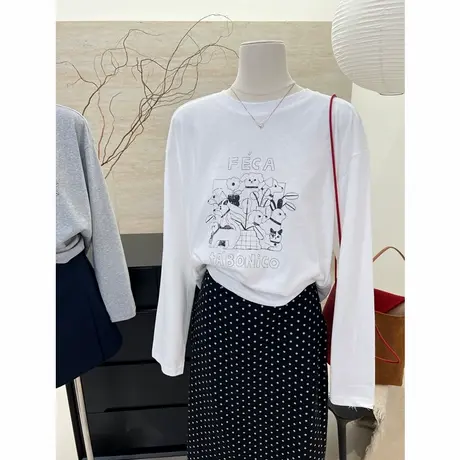 2024秋季新款韩系宽松显瘦洋气纯棉素描爆款长袖T恤女打底衫上衣商品大图