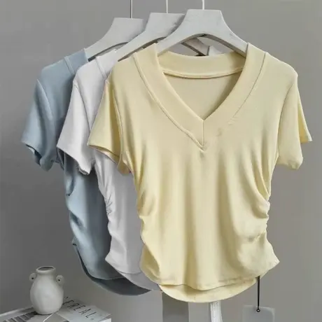 夏季2025新款V领正肩短袖T恤女修身韩版小个子短款褶皱收腰上衣潮图片