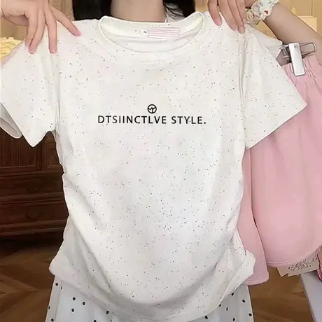 圆领正肩褶皱收腰短袖t恤女2025新款夏季甜妹风彩虹波点洋气上衣商品大图