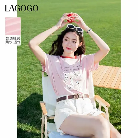 LAGOGO可爱斑点狗粉色T恤女拉谷谷2025年夏季新款撞色圆领短袖商品大图