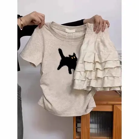 小个子短款收腰褶皱正肩短袖T恤女夏装2025新款修身韩系chic上衣商品大图