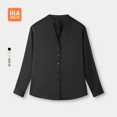 HLA/海澜之家休闲长袖宽松V领衬衫2025春夏新款黑色微弹衬衣女装商品大图