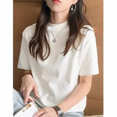 欧洲站半高领宽松t恤女装2025新款夏季白色大码短袖上衣打底半袖商品大图
