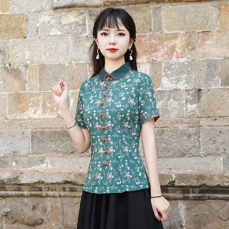 筠雅唐装夏装女中国风复古盘扣上衣短袖年轻款棉麻中式禅意女装图片