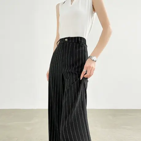 亚麻黑色条纹西装裤女夏季薄款高腰宽松直筒垂感小个子休闲阔腿裤商品大图