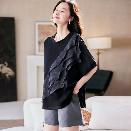 宝诗黎圆领网纱拼接黑色短袖T恤2025夏季韩版宽松大码休闲上衣女商品大图