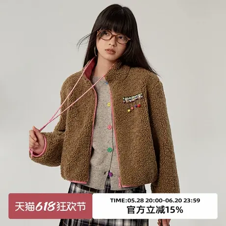omont蛋挞家 羊羔毛短外套秋冬新款立领撞色拉链颗粒绒厚棉衣商品大图