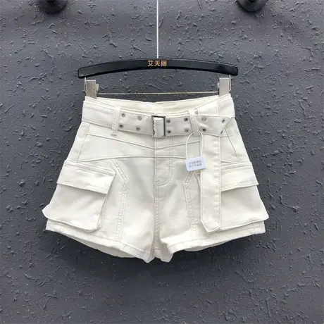 韩版杏色宽松显瘦牛仔短裤女2025春季新款工装口袋时尚百搭阔腿裤图片