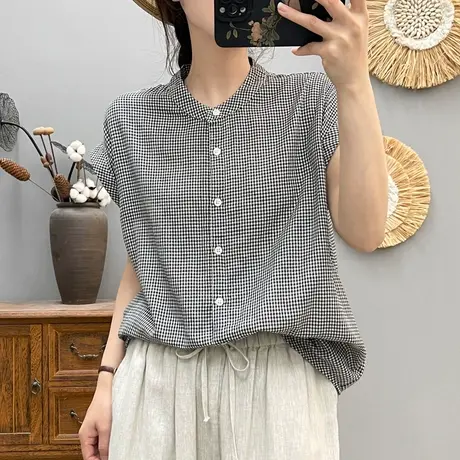 夏季文艺小清新双层棉纱格子无袖衬衫女短袖宽松休闲上衣格纹衬衣图片
