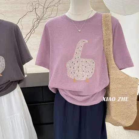 韩系夏季新款可爱卡通印花短袖t恤女设计感宽松雪花棉薄款上衣服图片