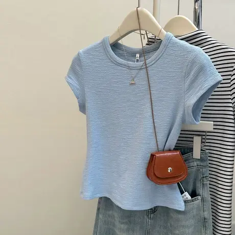 韩系褶皱肌理感短袖T恤女夏季修身小个子短款打底衫内搭正肩上衣商品大图